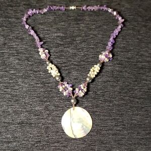Amethyst Cowrie Shell Hematite Necklace Abalone Shell Pendant